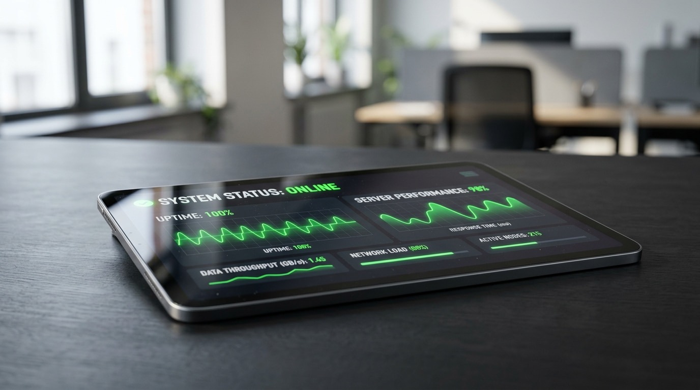 Tablet wyświetlający status serwera online – opieka techniczna i bezpieczny hosting stron WordPress.