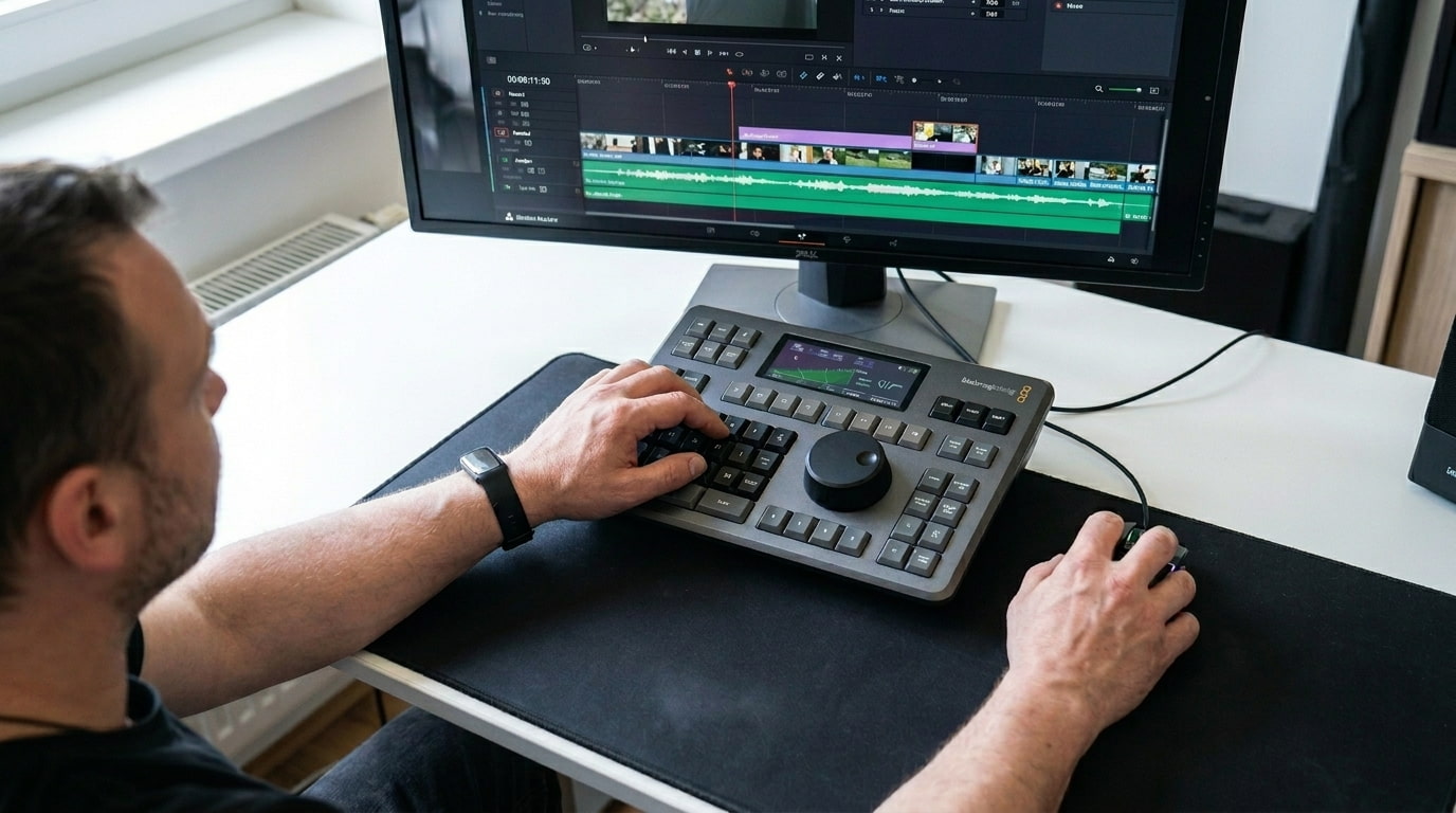 Profesjonalne stanowisko do edycji wideo z konsolą montażową DaVinci Resolve – usługi wideo online.