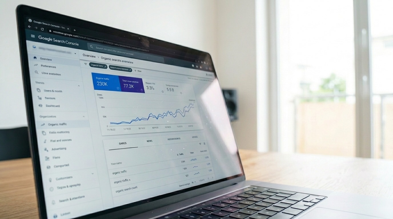 Dashboard Google Search Console na ekranie laptopa – analiza skutecznego pozycjonowania stron i SEO.