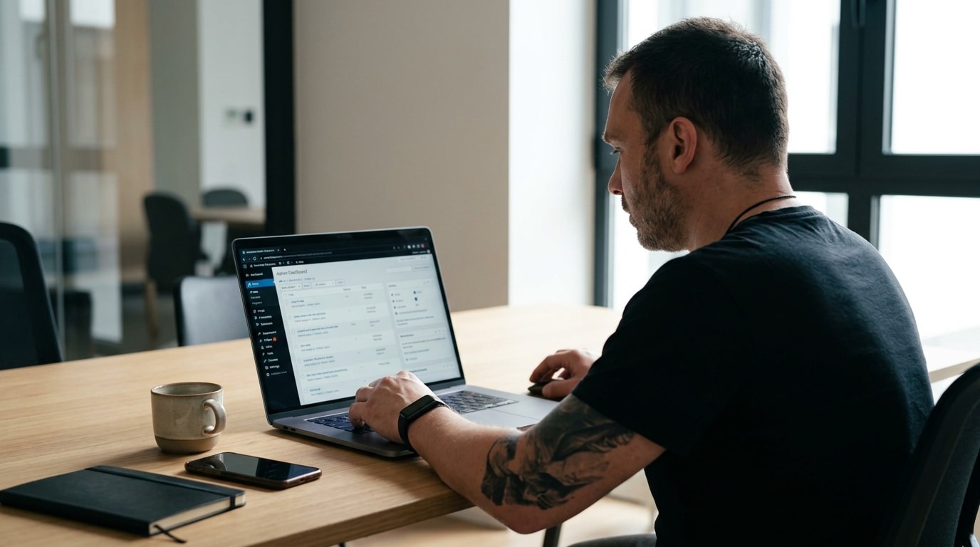 Programista stron internetowych podczas pracy nad projektem WordPress w nowoczesnym biurze.