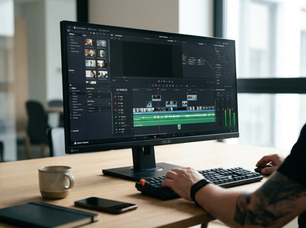 Profesjonalny montaż wideo na wielościeżkowej osi czasu w programie DaVinci Resolve – Rosin Digital.