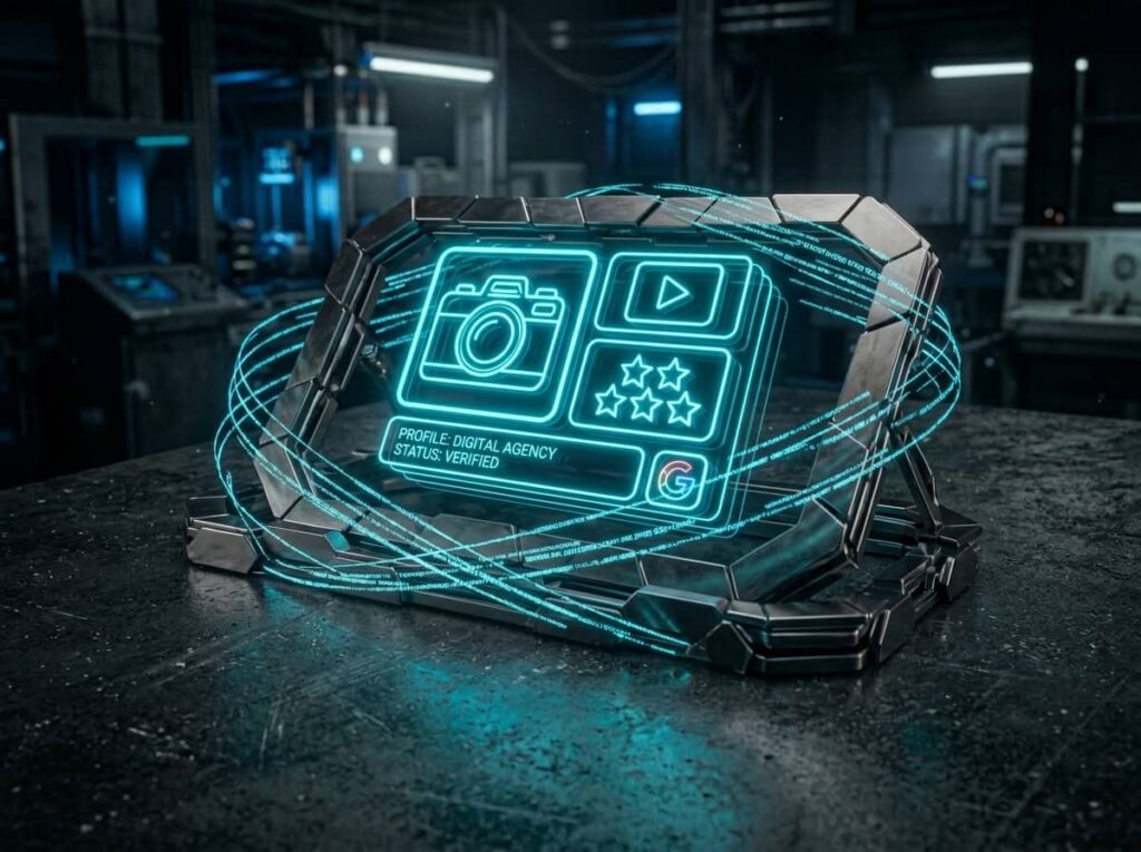 Cyjanowa makieta 3D interfejsu Google z neonowymi ikonami aparatu fotograficznego, gwiazdek opinii oraz przycisku wideo na ciemnym metalowym blacie.