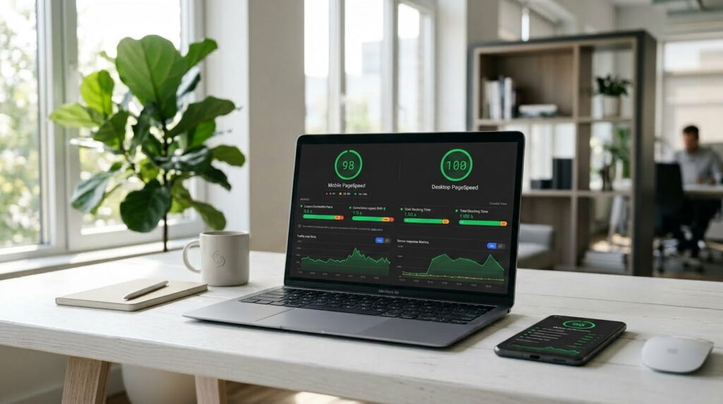 Nowoczesny laptop z wynikami PageSpeed Insights. Szybkie strony internetowe od Rosin Digital.