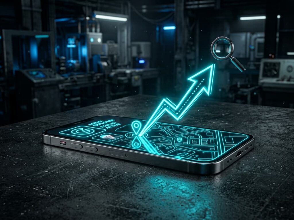 Nowoczesny render 3D smartfona w ciemnym industrialnym stylu z neonową, jasnoniebieską strzałką wzrostu i lupą, symbolizujący skuteczne pozycjonowanie lokalne.